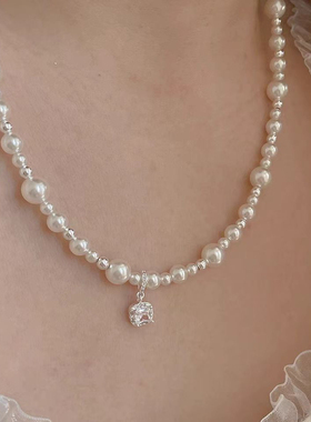 新款方糖白钻珍珠项链生日礼物锁骨链礼服气质配饰