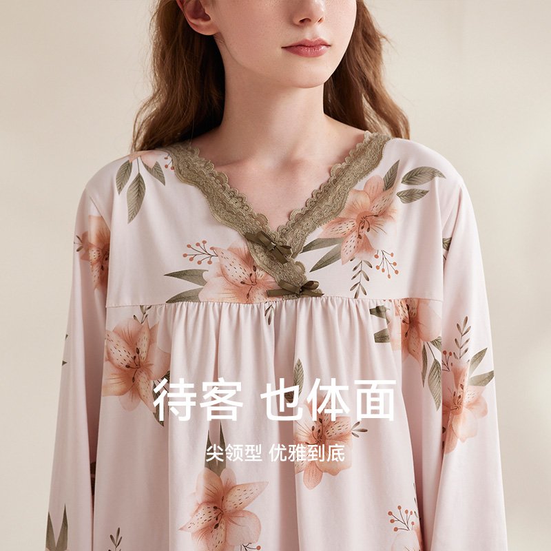 芬腾女士睡衣春秋款纯棉长袖蕾丝花边女款家居服全棉家居服套装秋