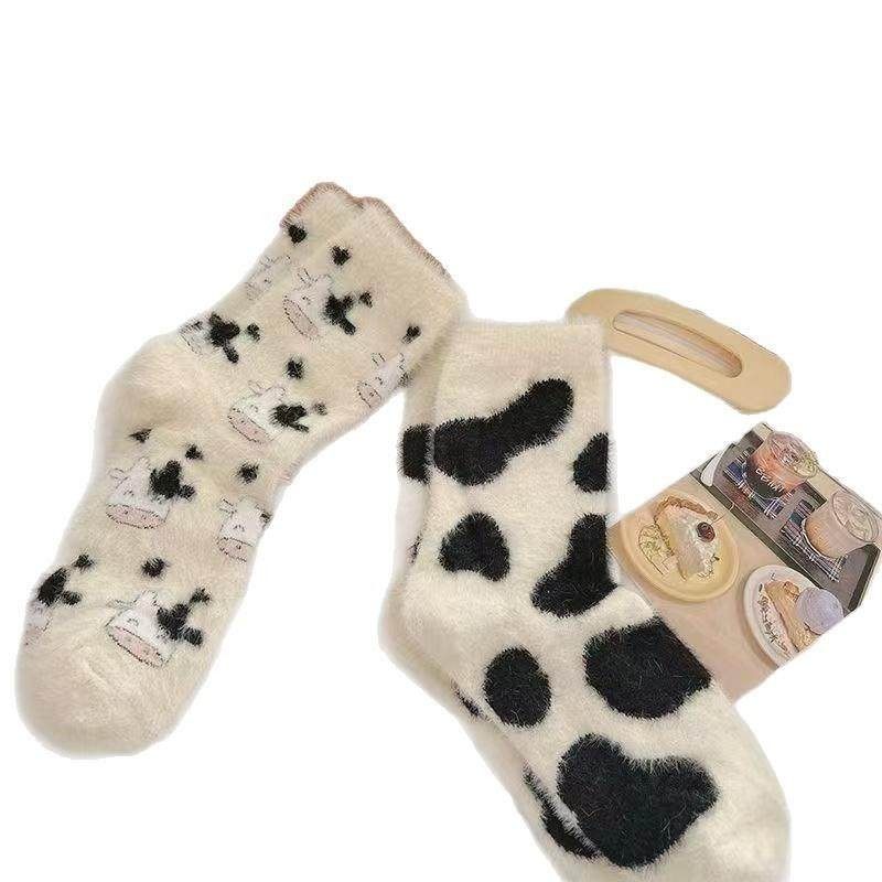 mt冬季奶牛恐龙保暖袜子女居家可爱中筒袜冬加厚地板袜休闲