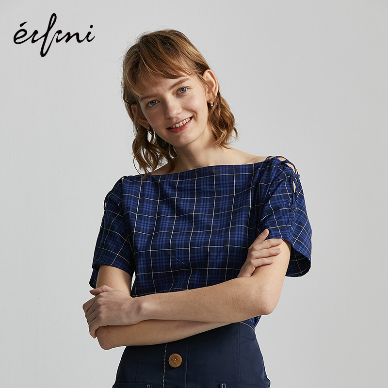 商场同款伊芙丽一字领复古格子衬衫 伊芙丽折扣企业店衬衫