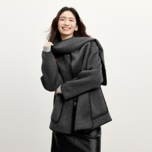 伊芙丽2024新款高级短款兔毛双面羊绒大衣女2024秋冬毛呢外套