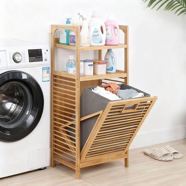 Multifunctional storage rack ໄມ້ໄຜ່ຈັດ rack ເຄື່ອງນຸ່ງຫົ່ມເປື້ອນ