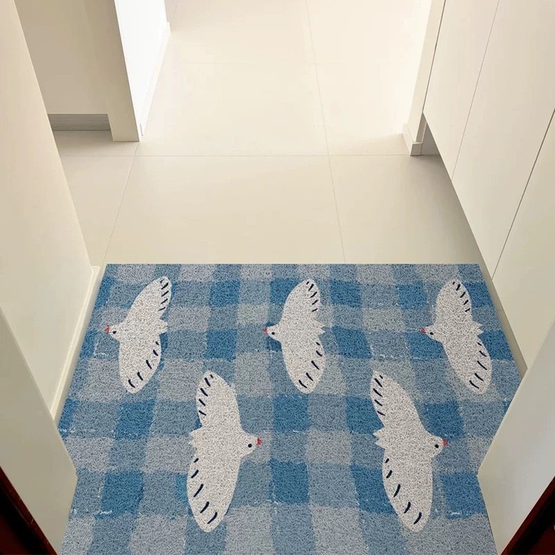 新款韩系飞鸟集蓝色格子丝圈入户门垫玄关脚垫刮泥蹭土地垫耐用厚,淘宝优惠券,粉丝福利购,淘宝优惠卷