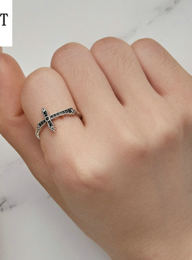 跨境黑色复古十字架戒指男女 欧美风情侣个性s925银花纹戒指手饰