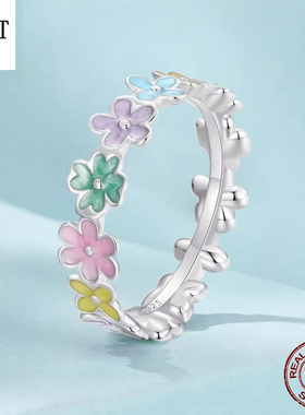 小清新彩色多巴胺戒指百搭手饰s925纯银四叶草花朵指环首饰饰品女