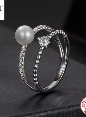 轻奢闪耀莫桑石淡水珍珠戒指s925纯银双圈高端线条百搭饰品戒指女