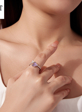 s925纯银温柔紫色蝴蝶花朵开口戒