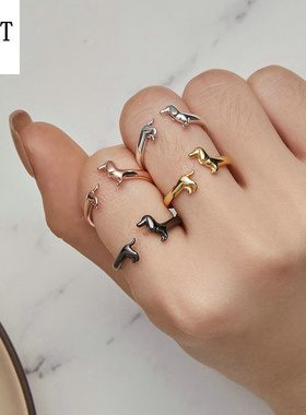 原创爆款腊肠狗开口戒指多色可选 可爱动物925纯银小狗指环配饰女