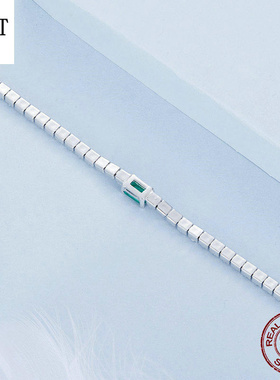 新款经典优雅祖母绿手链 法式奢华风s925纯银方形链闪耀手链饰品