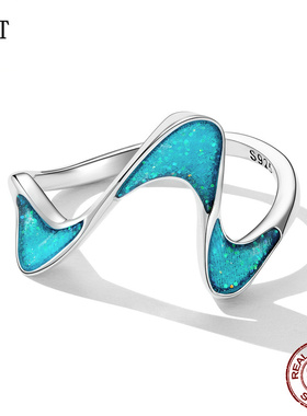 原创蓝色海浪心电图戒指925纯银波浪 抽象线条感优雅克莱因蓝高级