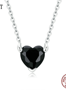 纯银s925小爱心恶魔耳钉戒指饰品套装简约心形黑色锆石翅膀项链