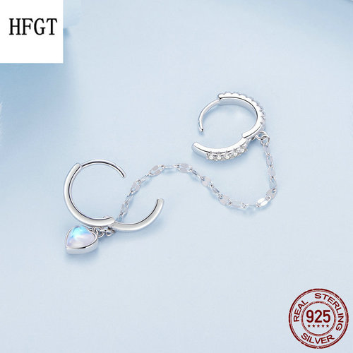 新款心形月光石链条双耳扣 爱心小众高级感925纯银单边耳饰多耳洞 - 图1