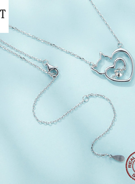 原创闪耀锆石灵动猫咪项链女 简约可爱s925纯银爱心锁骨链配饰女