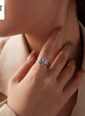 原创复古绿松石莲花开口戒指中国