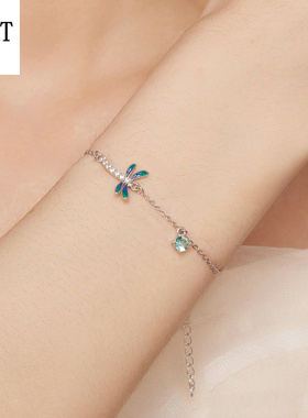 新款s925纯银蜻蜓手链 个性简约超细春季风蓝色滴油昆虫手链饰品