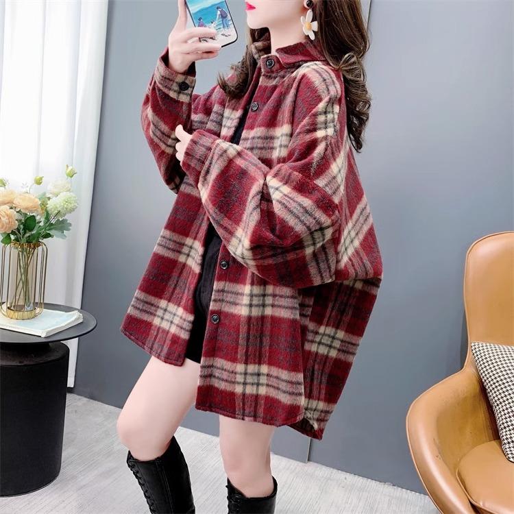 复古磨毛格子衬衫女加厚2024年新款秋冬韩版宽松百搭毛呢外套上衣 - 图0