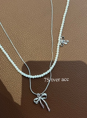 tver Acc韩代双层明亮立体蝴蝶结吊坠项链 简约珍珠毛衣链