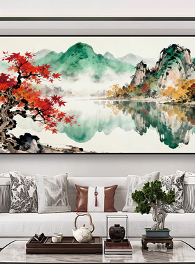 中式水墨山水客厅沙发背景墙自粘壁画柿柿如意装饰画茶室民宿墙贴