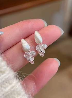 银色磨砂水滴水晶流苏耳环