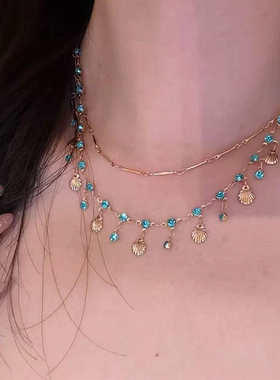 多层金贝壳蓝水滴项链