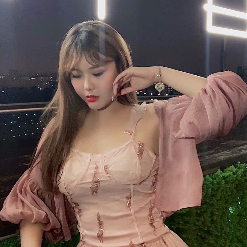 MB大码女装MB大码女装定制 浪漫名媛风粉嫩色高腰网纱亮片短蓬蓬裙吊带裙2