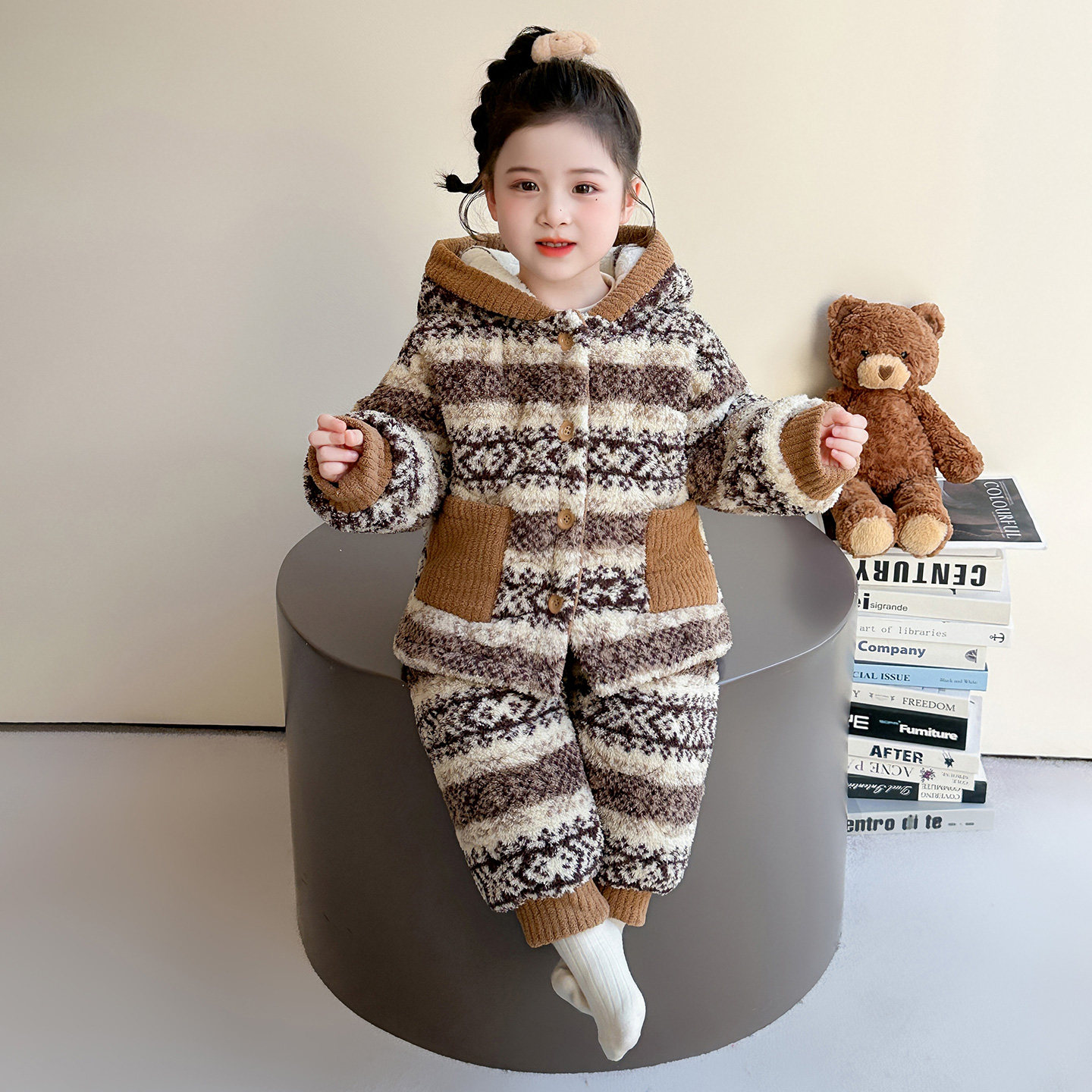 女童睡衣冬新款珊瑚绒连帽开衫套装宝宝法兰绒加绒加厚保暖家居服,淘宝优惠券,粉丝福利购,淘宝优惠卷