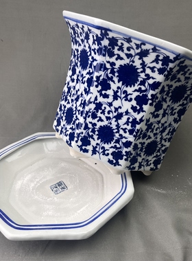 景德镇陶瓷花盆八角青花瓷缠枝莲大号带接水盘仿古树盆发财树种花