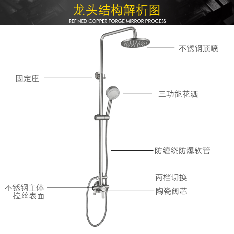 明装淋浴花洒套装304不锈钢明管冷热混水阀开关明装洗澡花洒套装