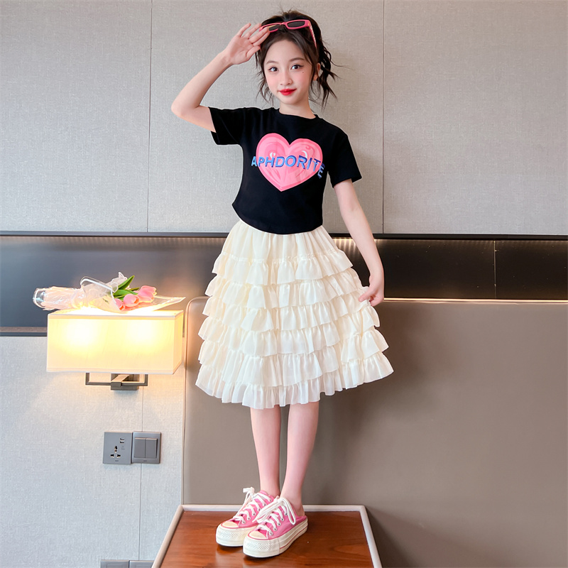 女童连衣裙夏装2024新款韩版洋气时髦短袖T恤公主蛋糕裙两件套潮
