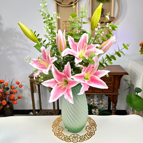 百合花仿真花餐桌客厅装饰塑料假花摆设高档绢布花束摆件花瓶插花 - 图3
