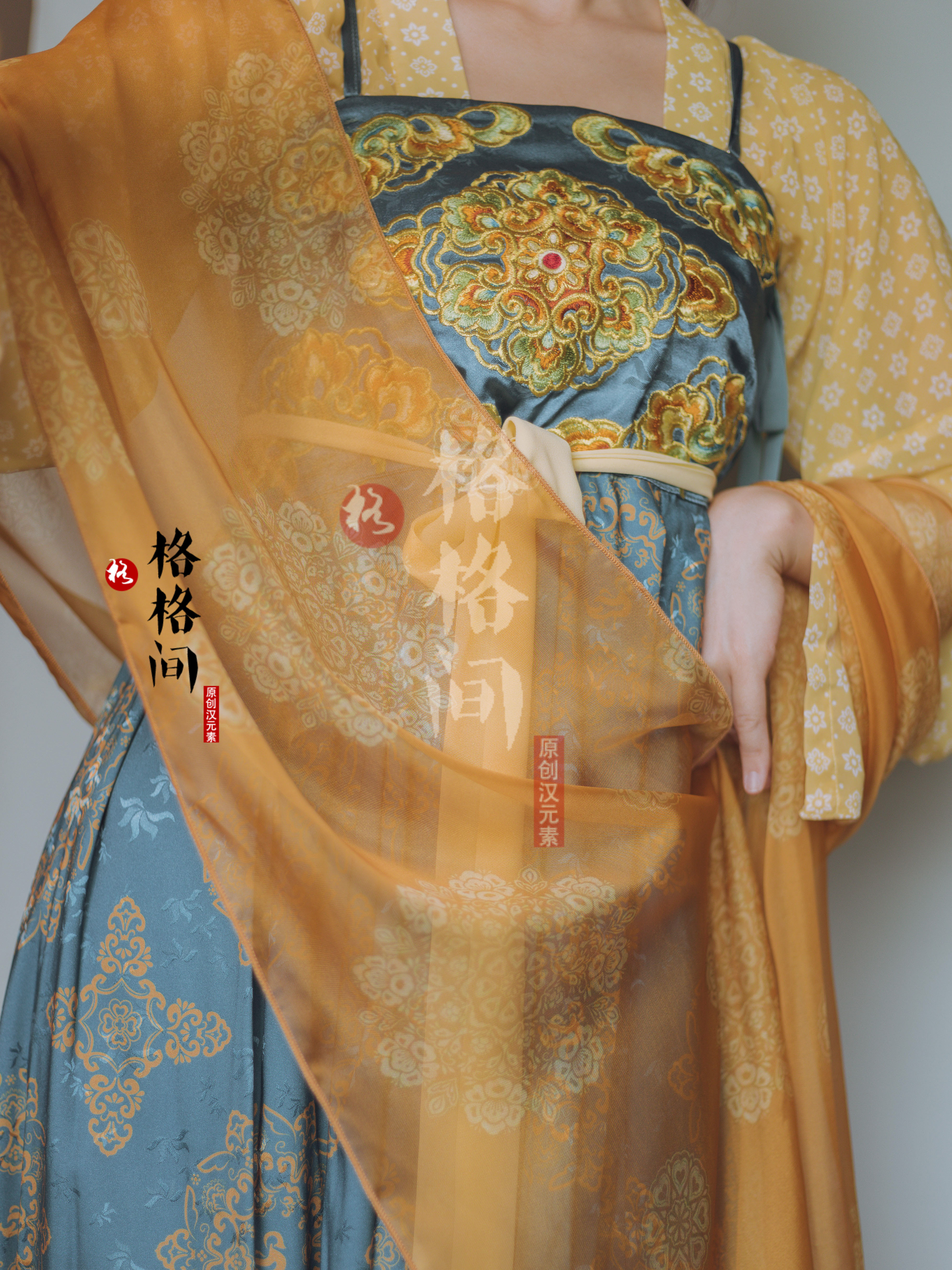 格格间原创【春水】汉服披帛女蓝色雪纺印花敦煌百搭飘带复原唐风,淘宝优惠券,粉丝福利购,淘宝优惠卷