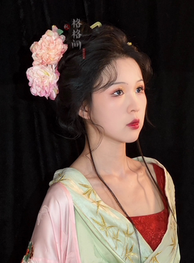 格格间发簪金粉牡丹绢花唐风点缀