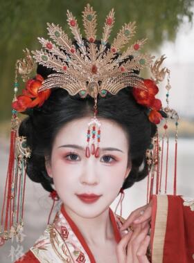 格格间【倾城】红色牡丹白菜绒花非遗发梳发簪原创汉服发饰古风