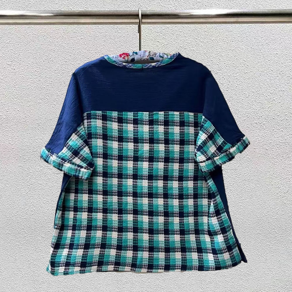 2026春夏季新款不规则撞色格子贴布口袋拼短袖T恤宽松大码上衣女t,淘宝优惠券,粉丝福利购,淘宝优惠卷