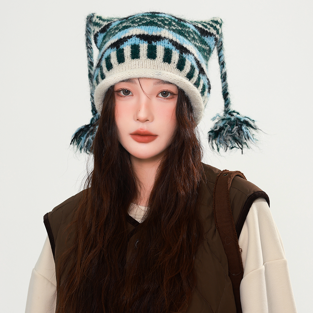 韩版复古费尔岛风套头帽子女秋冬季可爱麻花辫搞怪俏皮卷边针织帽,淘宝优惠券,粉丝福利购,淘宝优惠卷