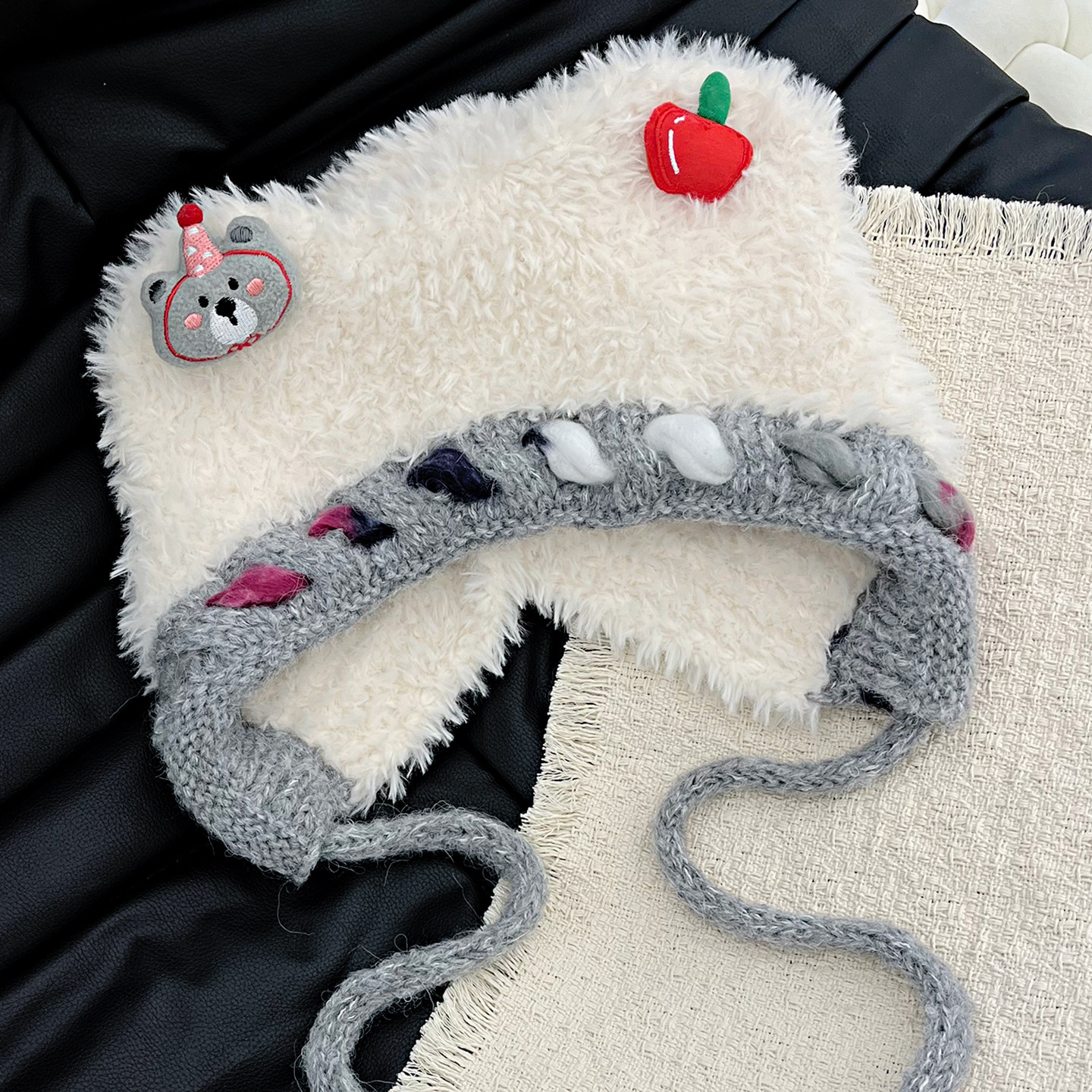 可爱小熊耳朵苹果毛绒套头帽子女2025新款冬季保暖防寒百搭护耳帽,淘宝优惠券,粉丝福利购,淘宝优惠卷