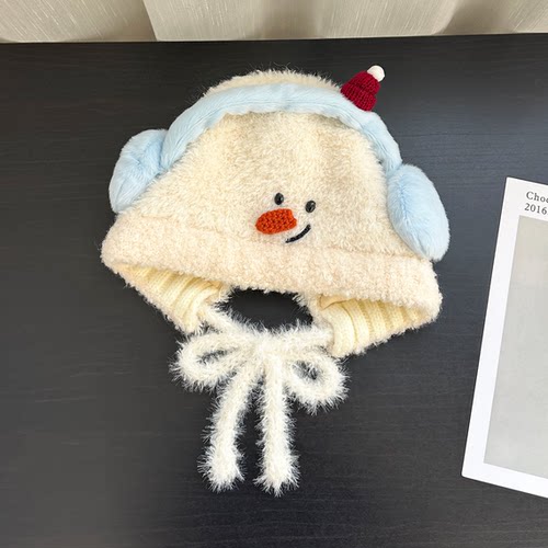 可爱耳机雪人毛绒针织护耳帽子女冬季保暖防风绑带套头帽雷锋帽潮 - 图3