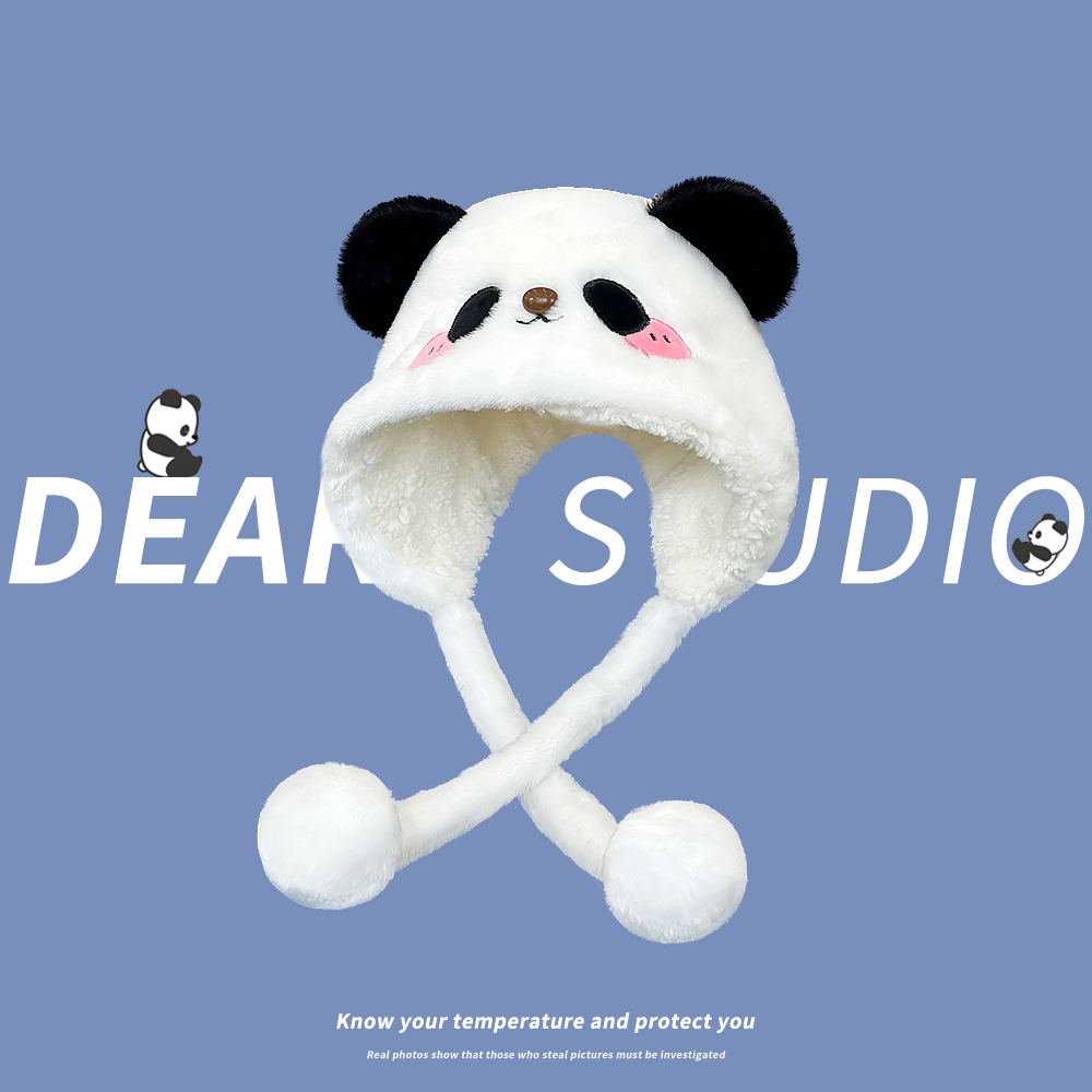 日系卡通可爱毛绒熊猫雷锋帽子女秋冬保暖防寒加绒绑带护耳套头帽,淘宝优惠券,粉丝福利购,淘宝优惠卷
