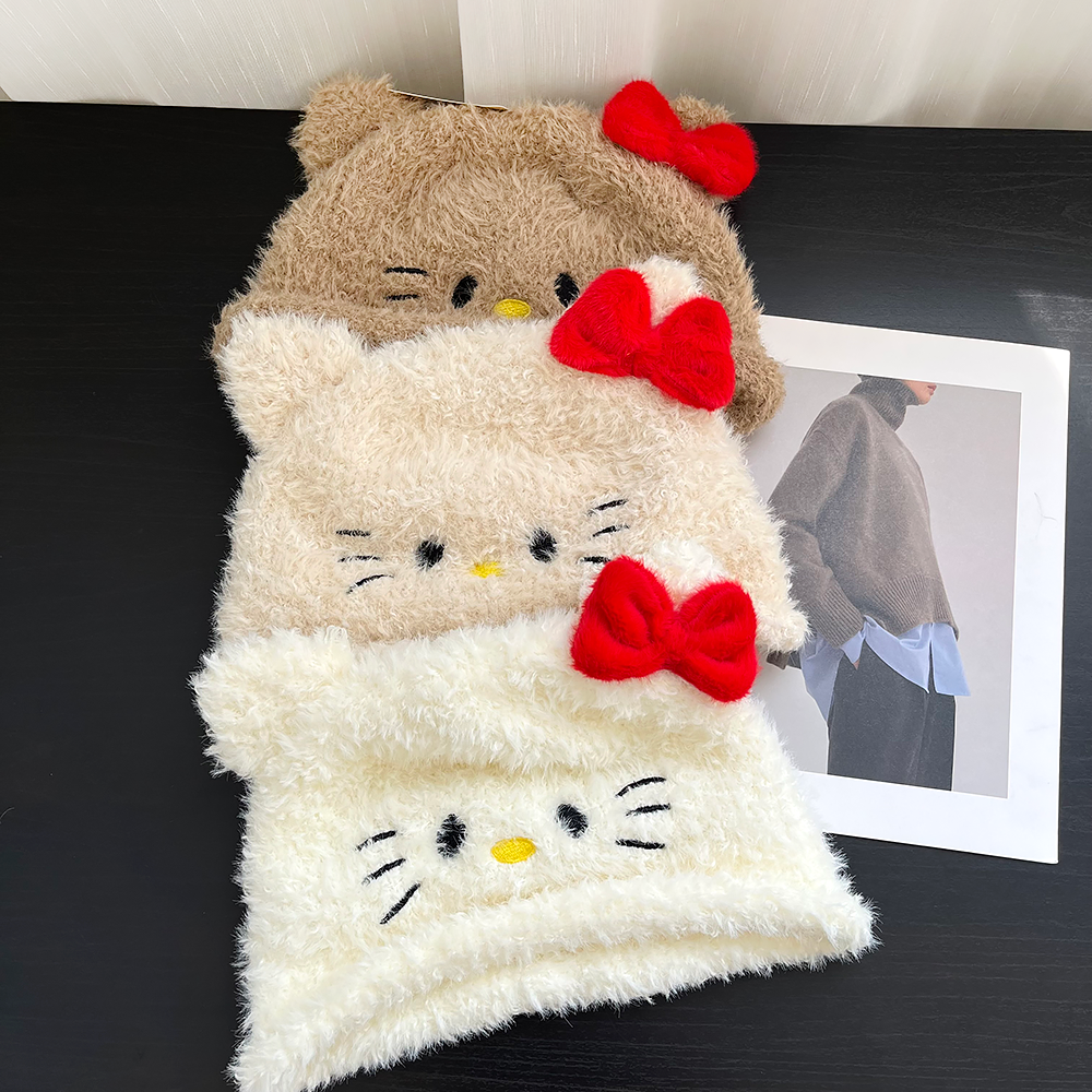可爱卡通kitty猫毛绒套头帽子女秋冬甜美百搭显脸小包头帽护耳帽,淘宝优惠券,粉丝福利购,淘宝优惠卷