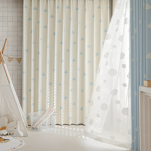 法欧雅韩式ins风乐丽棉蓝色云朵高遮光窗帘卧室儿童房北欧奶油系 - 图1