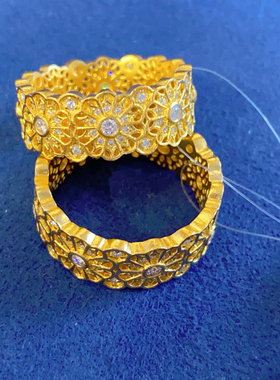 古法黄金点钻镶嵌钻石玫瑰花窗戒指