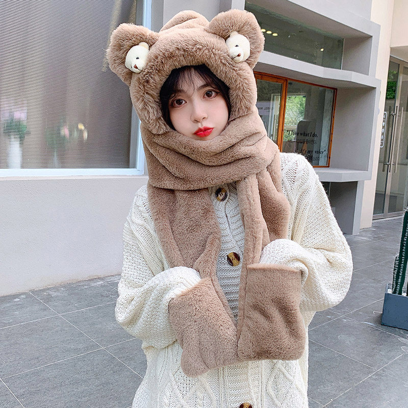 日系百搭甜美可爱加厚毛绒绒护耳冬季保暖雷锋帽围巾一体帽子女潮