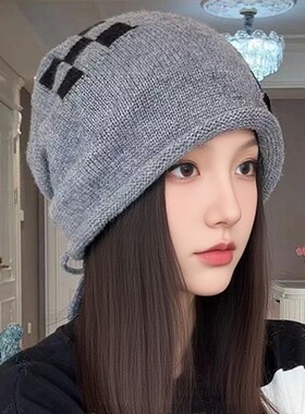 针织抽绳堆堆帽女秋冬毛线帽护耳