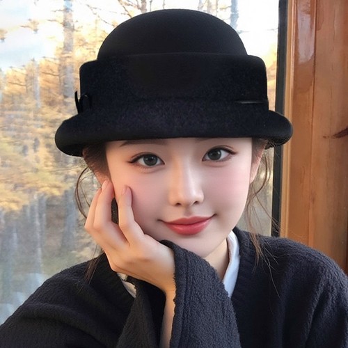 法式赫本风气质羊毛礼帽子女士冬季新款优雅高级感显脸小卷边盆帽 - 图1