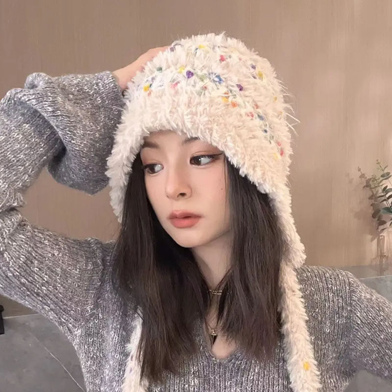 2025冬季新款彩虹小熊毛绒绒加厚针织帽子女防风护耳保暖毛线帽潮,淘宝优惠券,粉丝福利购,淘宝优惠卷
