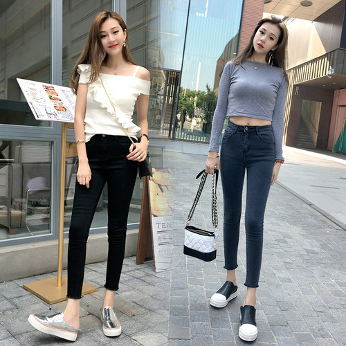 小个子紧身秋冬牛仔八分裤女高腰显瘦薄绒黑色毛边150九分小脚裤 - 图0