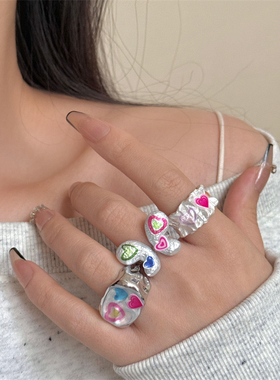 Y2K手工珐琅滴油多巴胺女孩蝴蝶爱心叠戴戒指 甜酷百搭开口指环戒