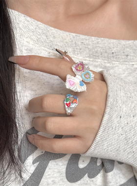 小众设计复古Y2K多巴胺手绘爱心珐琅滴油叠戴指环戒 金属彩色戒指