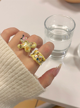 甜酷Y2K手工珐琅滴油蝴蝶水墨画宽版叠搭戒指女 国潮高级感指环戒