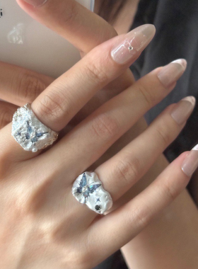 国潮新中式水墨油画珐琅气质指环戒 ins手绘蝴蝶镶钻珍珠叠戴戒指